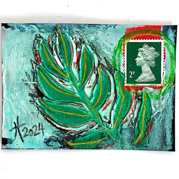 ACEO Original Mixed Media Art 1971 Queen Elizabeth II 2P UK Postage Stamp ATC - Picture 1 of 3